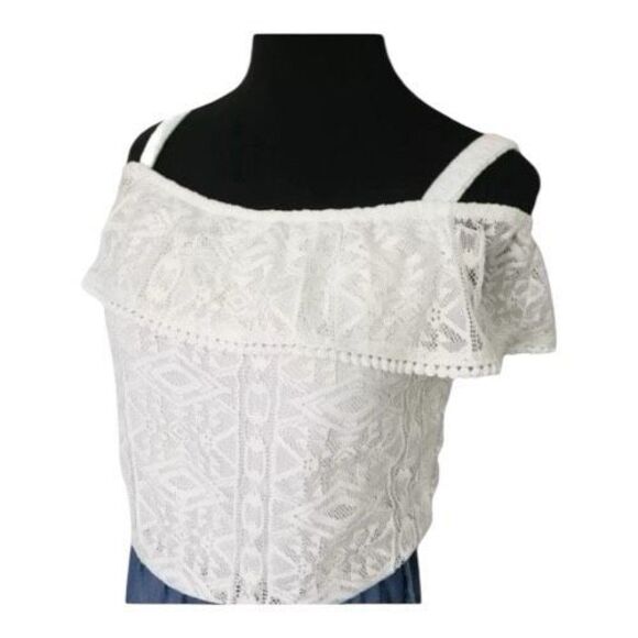 My Michelle Romper Beige Lace Top Belted Denim Shorts Girl Size XL Cold-Shoulder - Picture 4 of 7